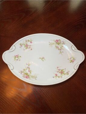 Haviland Limoges Handled Serving Plate, white glaze body, pink floral patter